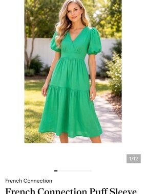 French Connection Emerald Green V-Neck Puff Sleeve Midi Dress